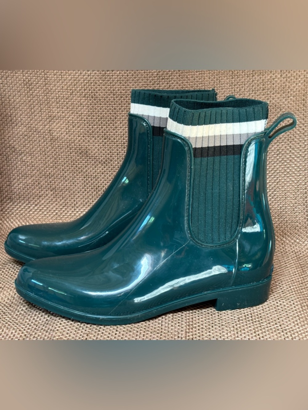 Glossy Teal Chelsea Rain Boots with Striped Knit Collars